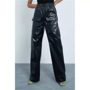 I Saw It First Black Faux Leather Croc Embossed Wide Leg Utility Trousers - Black