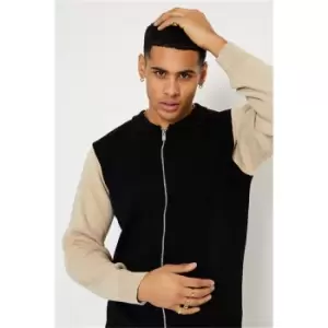 I Saw It First Contrast Sleeve Zip Through Knitted Top - Black