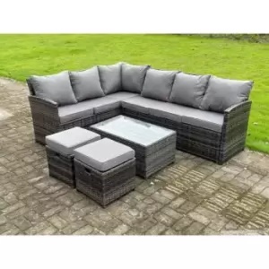 Fimous 6 Seater Outdoor Dark Grey Mixed Rattan High Back Corner Sofa Set with Rectangular Coffee Table and 2 Stools