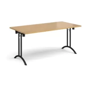 Rectangular folding leg table with Black legs and curved foot rails 1600mm x 800mm - oak