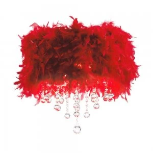 Flush Ceiling with Red Feather Shade 3 Light Polished Chrome, Crystal