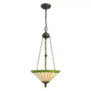 3 Light Uplighter Ceiling Pendant E27 With 40cm Tiffany Shade, Green, Crystal, Aged Antique Brass - Luminosa Lighting