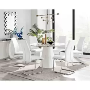 Furniture Box Palma White Marble Effect Round Dining Table and 6 White Lorenzo Chairs