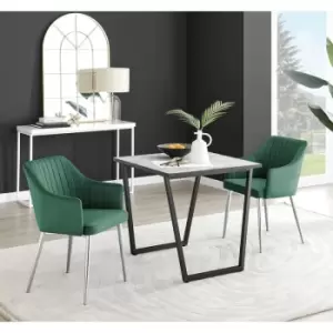 Furniturebox Carson White Marble Effect Square Dining Table & 2 Green Calla Silver Leg Velvet Chairs