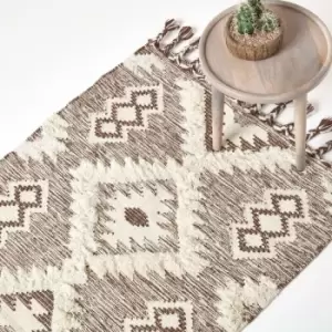 Lhasa Handwoven Brown and Cream Textured Diamond Pattern Kilim Wool Rug, 90 x 150cm - Brown - Homescapes