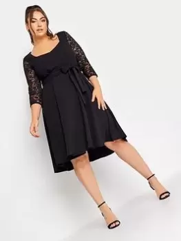 Yours Sequin Lace Sleeve Skater Dress, Black, Size 30-32, Women