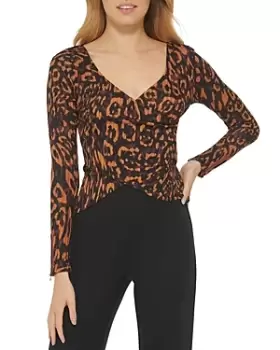 DKNY Printed Long Sleeve Faux Wrap Top