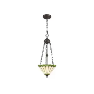 2 Light Uplighter Ceiling Pendant E27 With 30cm Tiffany Shade, Green, Crystal, Aged Antique Brass