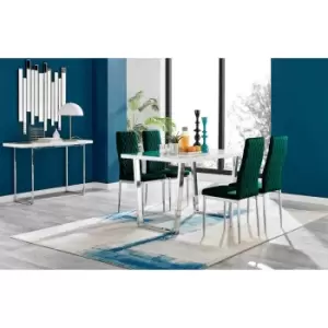 Furniture Box Kylo White High Gloss Dining Table and 4 Green Velvet Milan Chairs