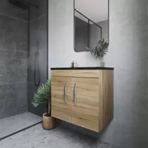 Nuie - Athena Wall Hung 2-Door Vanity Unit with Sparkling Black Worktop 600mm Wide - Natural Oak