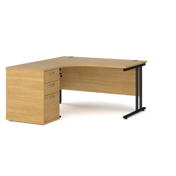 Office Desk Left Hand Corner Desk 1400mm With Pedestal Oak Top With Black Frame Maestro 25