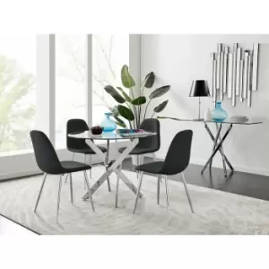 Furniturebox UK - Furniturebox Novara Chrome Metal And Glass 100cm Round Dining Table And 4 Black Corona Faux Leather Dining Chairs with Silver Legs