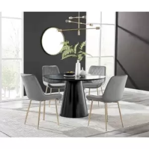 Furniture Box Palma Black Semi Gloss Round Dining Table and 4 Grey Pesaro Gold Leg Chairs