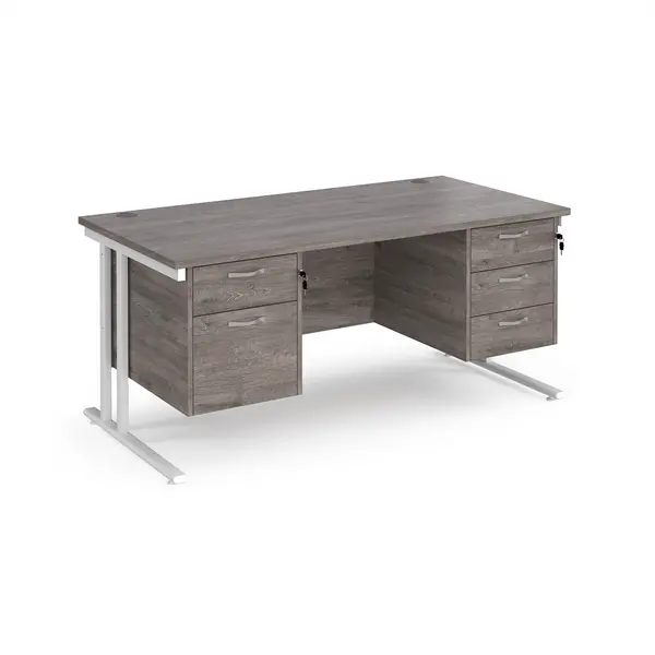 Maestro 25 Grey Oak Straight Desk with 2 and 3 Drawer Pedestal and White Cantilever Leg Frame - 1600mm x 800mm