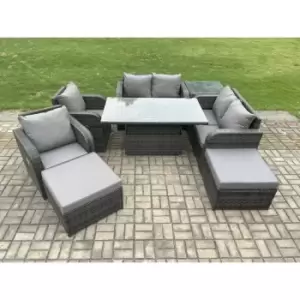 Fimous 6 Seater Outdoor Dark Grey Rattan Lounge Complete Sofa Set with Adjustable Dining Table and 2 Footstools