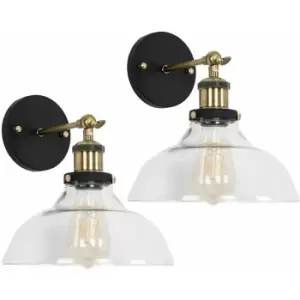 Minisun - 2 x Industrial Black & Gold Wall Light Fittings Clear Glass Wide Shade Light Shades - No Bulb