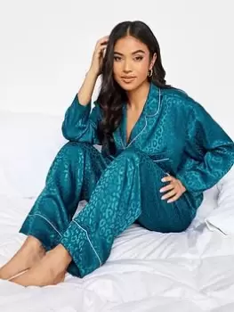 PixieGirl Petite Teal Jacquard Animal Satin Pj Set, Green, Size 10-12, Women