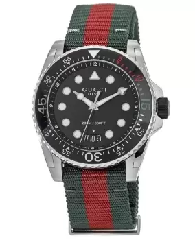 Gucci Dive Black Dial Green and Red Nylon Fabric Strap Mens Watch YA136209A YA136209A