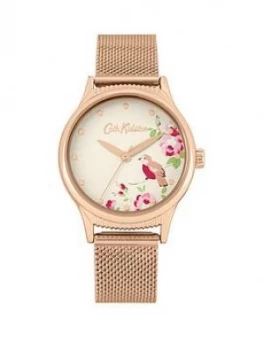 Cath Kidston Cat Kidston Little Birds Print Gold Detail Dial Gold Stainless Steel Mesh Strap Ladies Watch