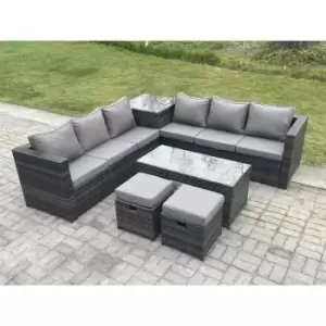 Fimous 6 Seater Outdoor Dark Grey Mixed Rattan Lounge Complete Sofa Set with Oblong Rectangular Coffee Table and 2 Stools