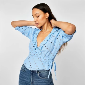 Jack Wills Brighton Print Frill Wrap Top - Pale Blue