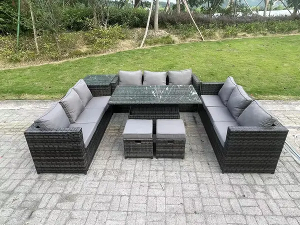 Fimous 9 Seater Outdoor Dark Grey Rattan Lounge Complete Sofa Set with Adjustable Side Tables and 2 Stools