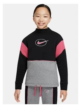 Nike Older Girls Nsw Fleece Long Sleeve Mock Top - Black/Grey/Pink, Black/Grey, Size L=12-13 Years, Women