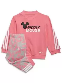 adidas Younger Unisex Mickey Mouse Crew & Pant Set, Pink/Grey, Size 0-3 Months, Women