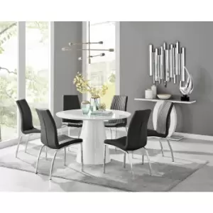 Furniturebox Palma White High Gloss 6 Seat Minimalist Post Modern Round Dining Table & 6 Black Isco Faux Leather Chairs