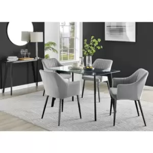 Furniturebox Malmo Rectangular Glass and Black Wooden Leg Modern Industrial Dining Table & 4 Grey Calla Black Leg Velvet Chairs