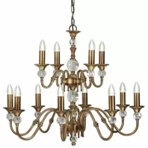 Loops - Diana Ceiling Pendant Chandelier Antique Brass & K9 Crystal Curved 12 Lamp Light