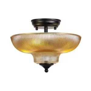 Luminosa Talisa 2 Light Semi Flush Ceiling Lamp E27 With Round 30cm Glass Shade Matt Black, Amber