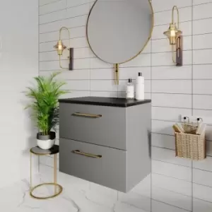 Nuie Arno Wall Hung 2-Drawer Vanity Unit with Sparkling Black Worktop 600mm Wide - Gloss Mid Grey