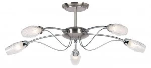 5 Light Semi Flush Multi Arm Ceiling Light Satin Chrome, Clear Glass with Acid Inner, G9