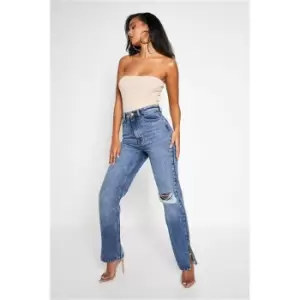 I Saw It First Mid Wash Ripped Knee Split Hem Jeans - Blue