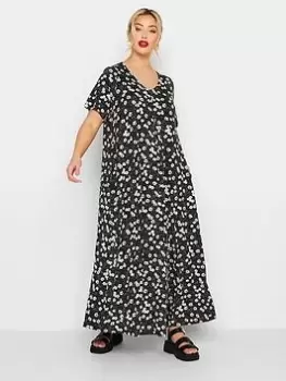 Yours Pleat Front Maxi Dress Daisy Spot - Black, Size 26-28, Women