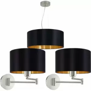 Ceiling Pendant Light & 2x Matching Wall Lights Black Gold Fabric Feature Lamp