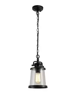 Ceiling Pendant Lantern, 1 x E27, Black, Gold With Seeded Clear Glass, IP54