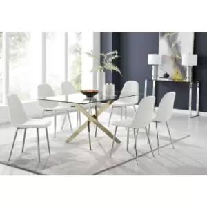 Furniturebox Leonardo 150cm Modern Glass And Gold Metal Dining Leg Table And 6 White Corona Faux Leather Dining Chairs with Silver Legs Diamond Stitch