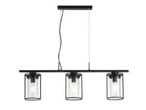 Linear Ceiling Pendant, 3 Light E27, Black, Clear Glass