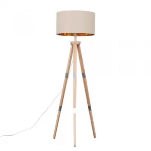 Willow Light Wood Tripod Floor Lamp with XL Beige and Gold Reni Shade