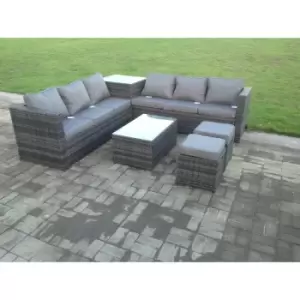 Fimous 6 Seater Outdoor Dark Grey Rattan Lounge Complete Sofa Set with Side Table and 2 Stools