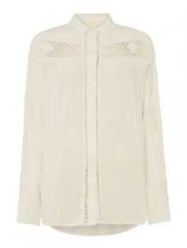 Free People Woven Crochet Detail Button Up Blouse Cream