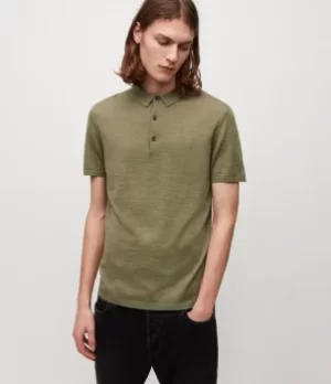 AllSaints Mens Mode Merino Short Sleeve Polo Shirt, Moss Green Marl, Size: XXL