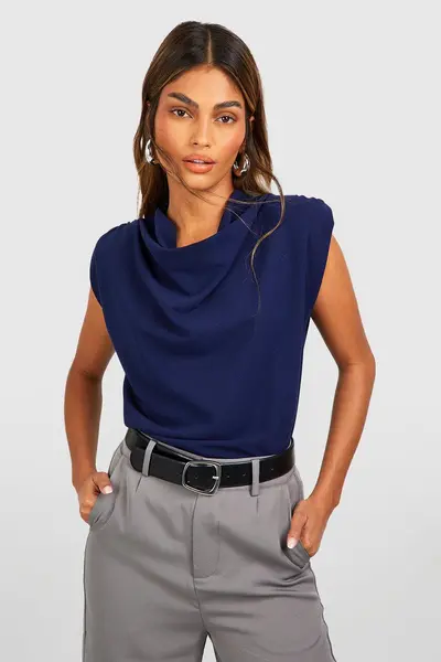 boohoo Cowl Neck Crepe Shoulder Pad Blouse Navy