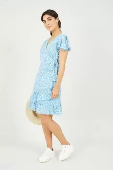 Blue Ditsy Daisy Wrap Effect Frill Dress