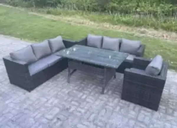 Fimous 7 Seater Outdoor Dark Grey Rattan Lounge Complete Sofa Set with Rectangular Dining Table