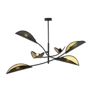 Lotus Black Multi Arm Semi Flush Ceiling light with Black, Gold Fabric Shades, 6x E14