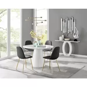 Furniturebox Palma White High Gloss 4 Seat Minimalist Post Modern Round Dining Table & 4 Black Corona Faux Leather Dining Chairs with Gold Legs