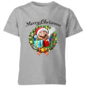 Nintendo Super Mario Merry Christmas Hat Present Kid's T-Shirt - Grey - 11-12 Years